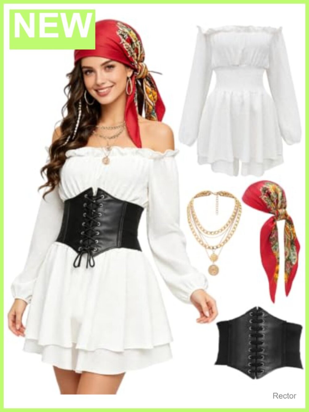 Women Pirate Costume Romper Dress Off Shoulder Corset Long Sleeve Cosplay